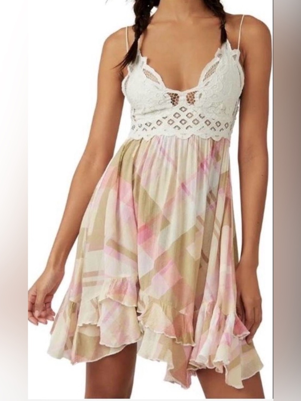 Free People Ivory Crochet Bodice Multicolor Pastel Flowy Dress